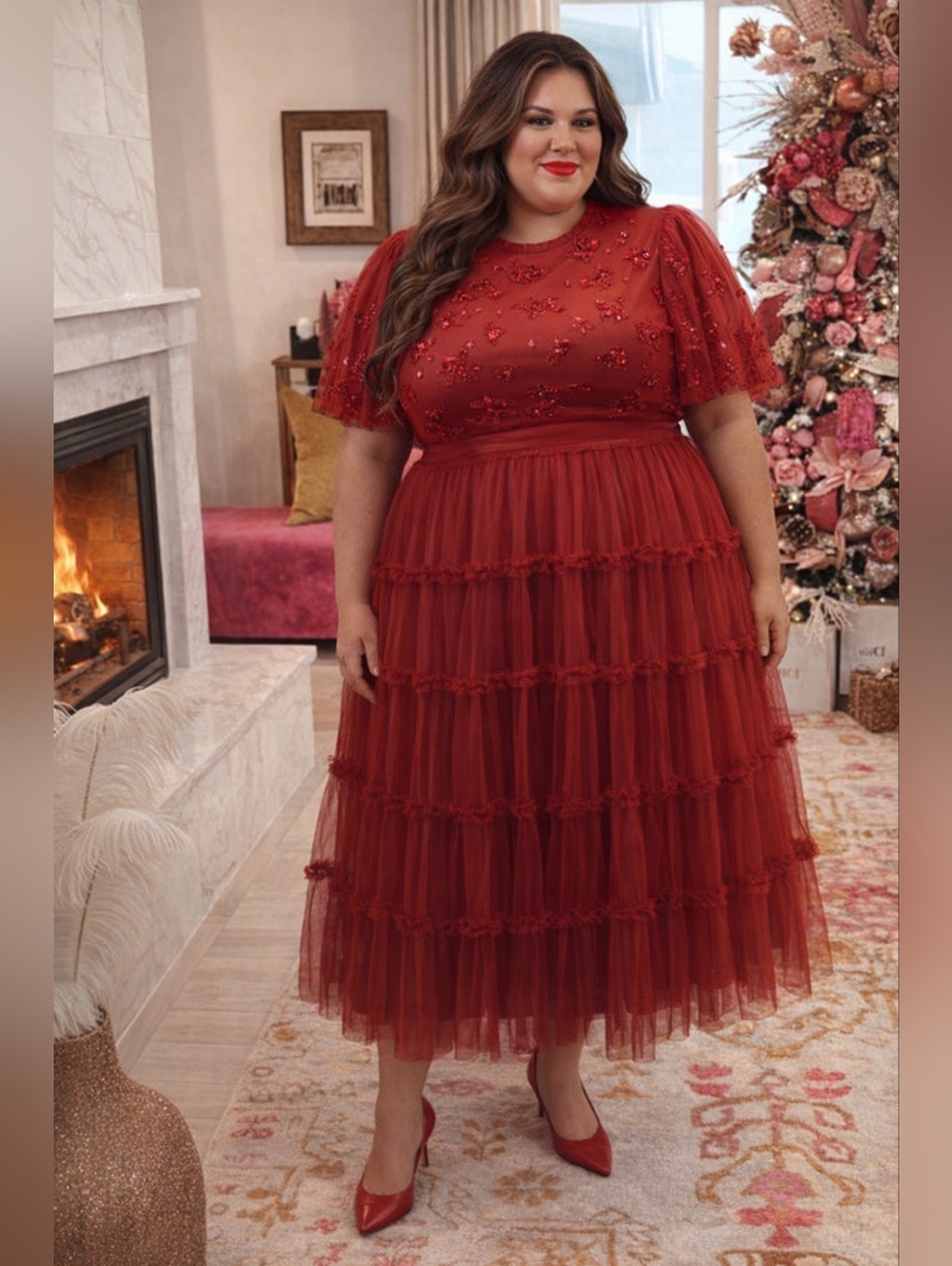 NWT Ivy City Co. Anastasia in Dark Red Embellished Tulle Ruffled Dress 3X
